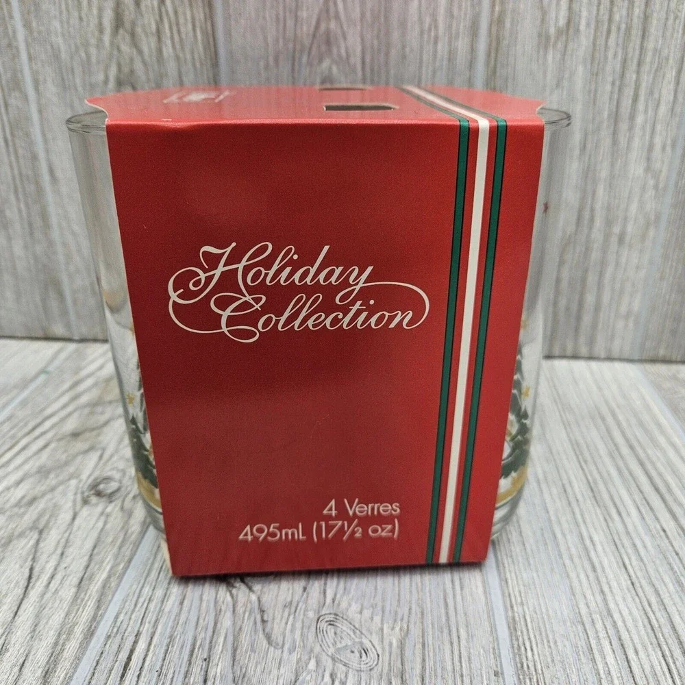 4pc Libbey Holiday Christmas Woods Tree Star Glasses Tumblers Tall‎ USA NOS